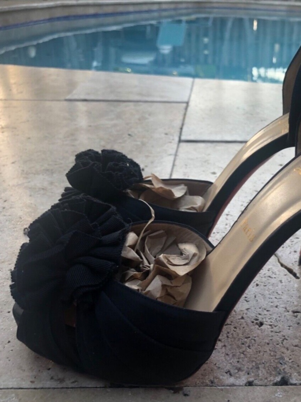 Christian Louboutin Heels Black with Ruffle Accent Size 38.5 (US 7.5)